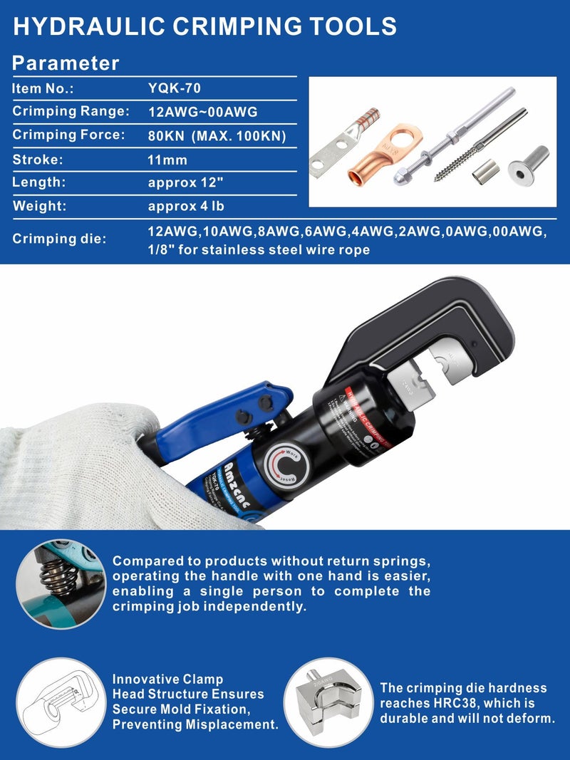 AMZCNC Hand Operated Hydraulic Crimping Tool Hydraulic Cable Lug Crimper 8 US TON 12 AWG to 00 (2/0) Electrical Terminal Cable Wire Tool Kit with 9 Die - Image 2